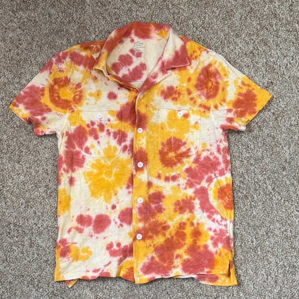 J. Crew Men’s Short-Sleeve Tie-Dye Casual Button-Down - Yellow & Red & Cream
